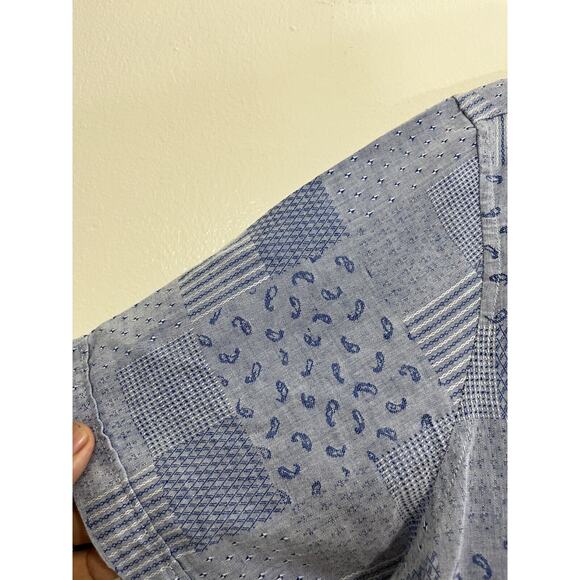 Linen Blend Boho Paisley Button Down Camp Shirt M Resort Patchwork Retro Blue - Picture 9 of 13